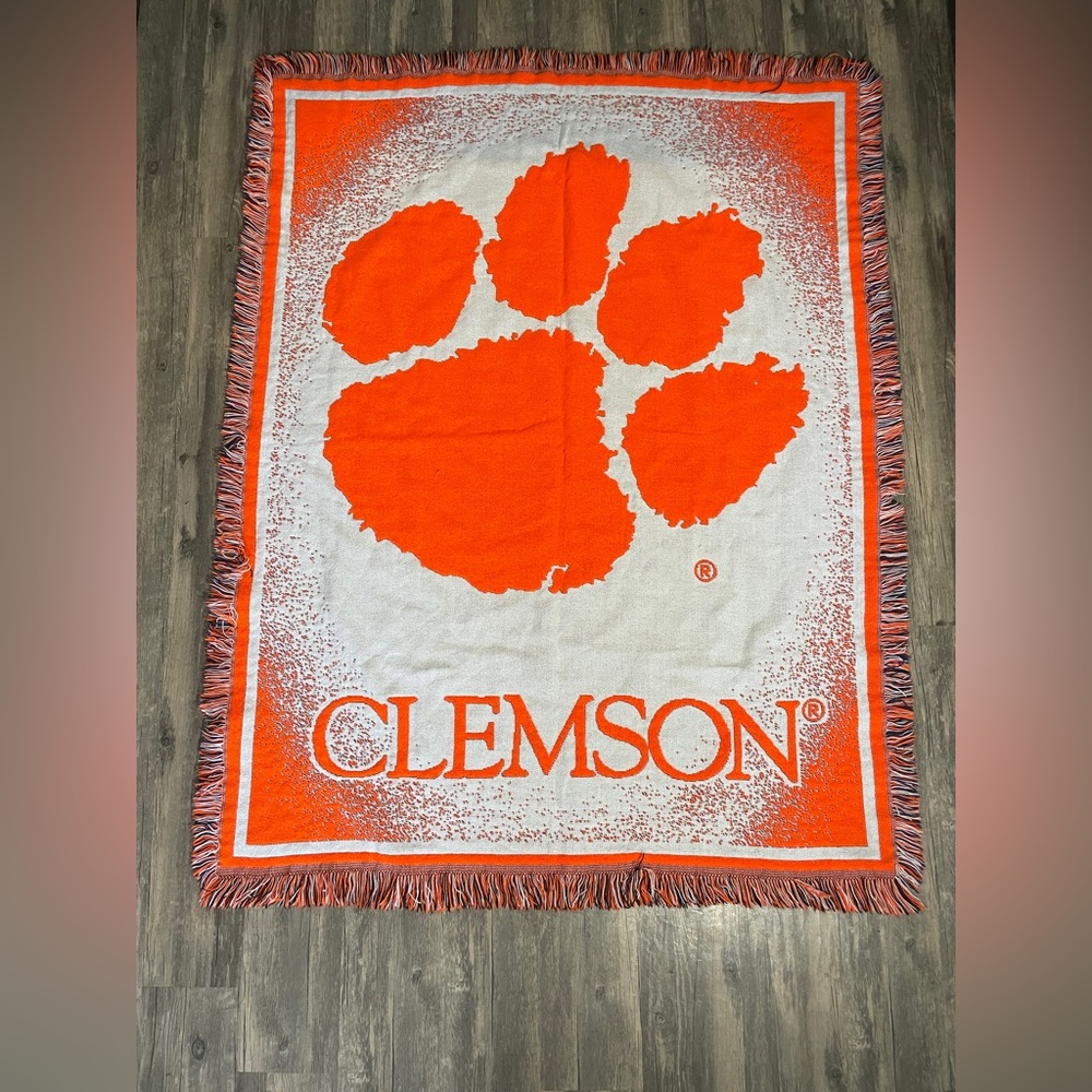Vintage Clemson Tigers Paw Print Woven Throw Blanket Tapestry NCAA Orange RARE